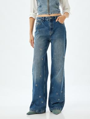 Geniş Paça Kot Pantolon Kuşgözü Detaylı Normal Bel Pamuklu - Wide Leg Jeans_2