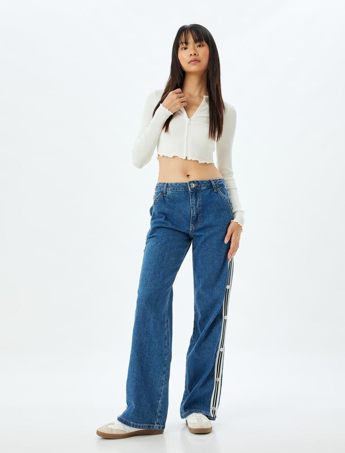  Düz Paça Kot Pantolon Şerit Detaylı Düğmeli Normal Bel Pamuklu - Longer Straight Jeans