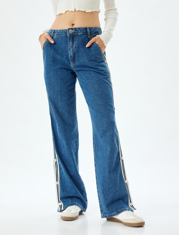 Düz Paça Kot Pantolon Şerit Detaylı Düğmeli Normal Bel Pamuklu - Longer Straight Jeans_2