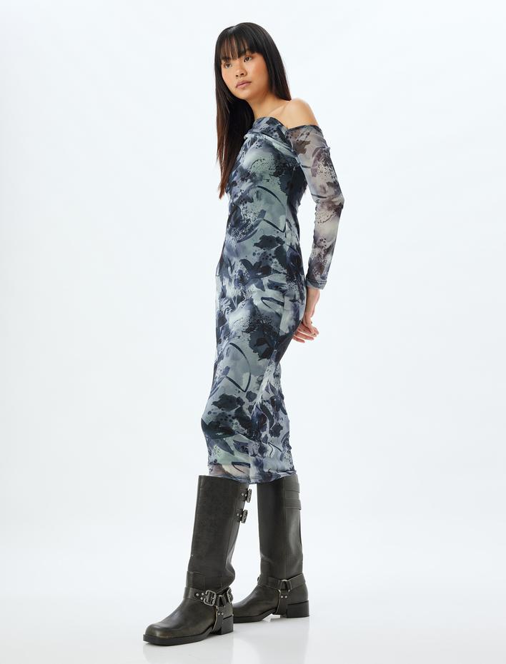  Omzu Açık Drapeli Asimetrik Kesim Midi Tül Elbise