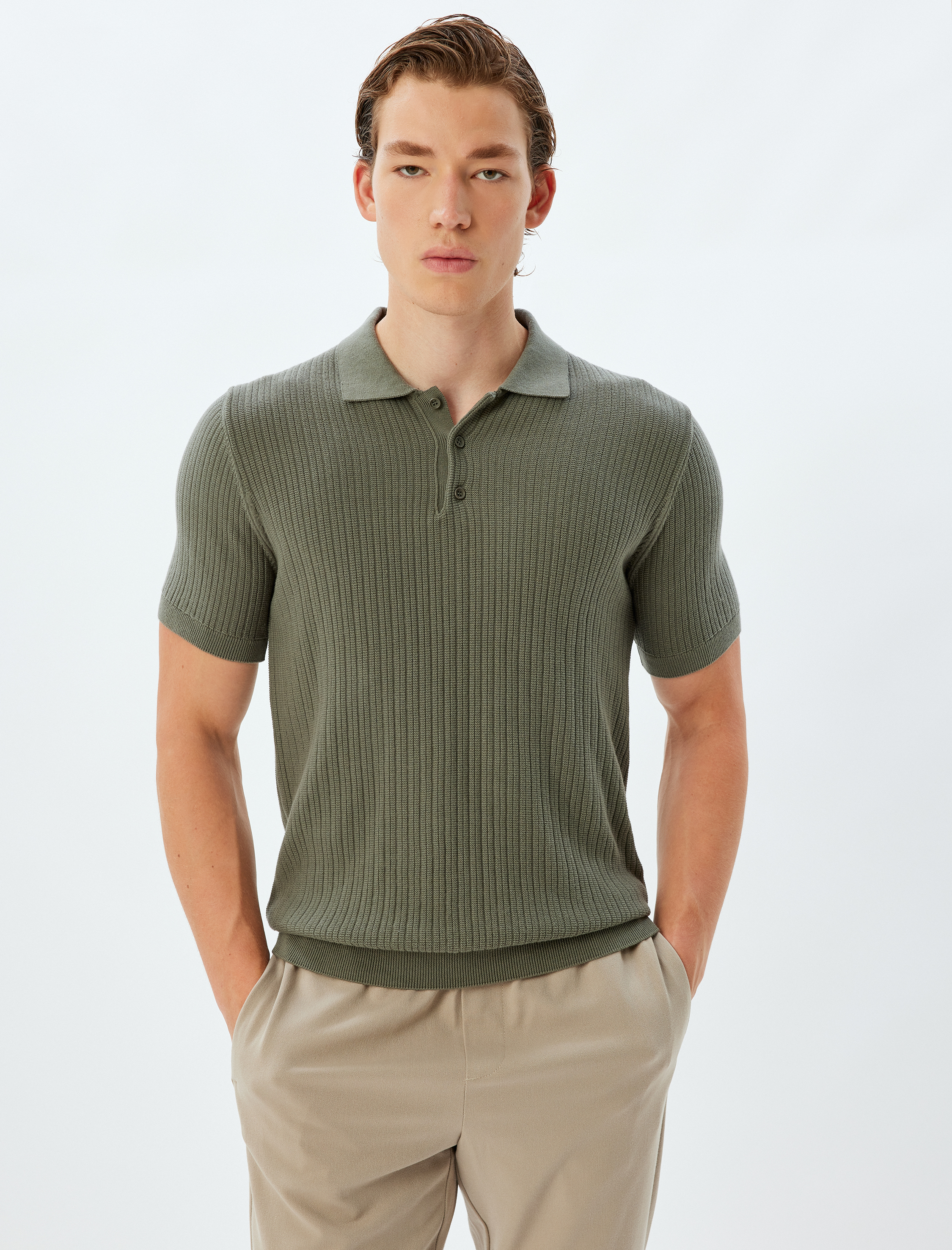   Triko Tişört Polo Yaka Basic Kısa Kollu Dokulu Pamuklu