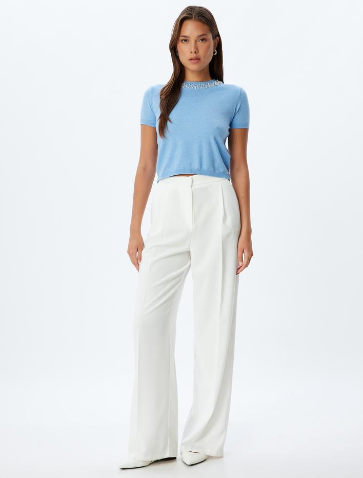  Taşlı Triko Kazak Kısa Kollu Bisiklet Yaka