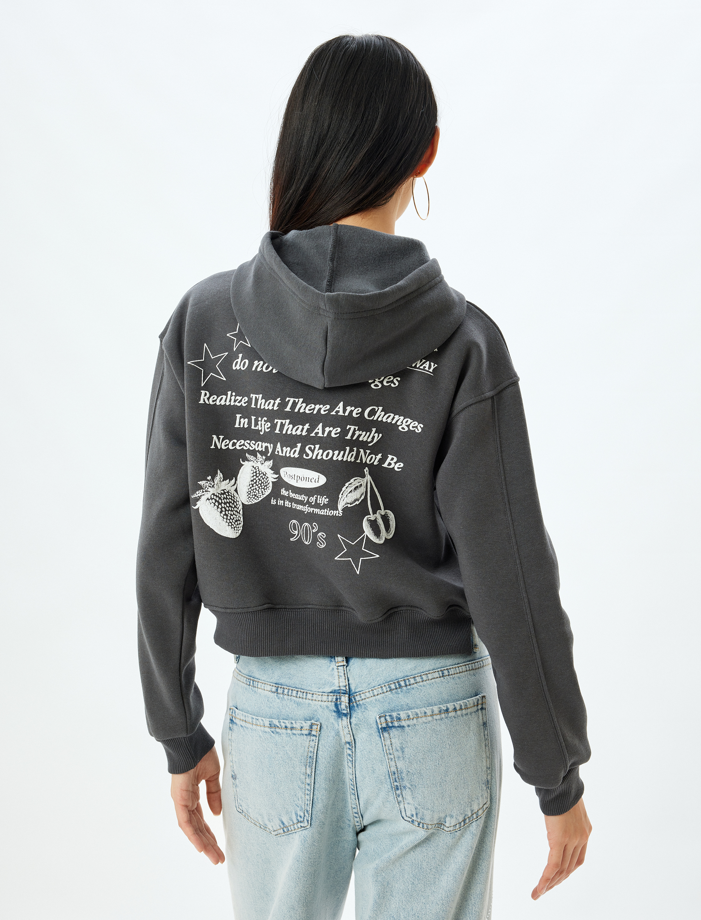   Crop Oversize Sweatshirt Kapüşonlu Arkası Baskılı Şardonlu