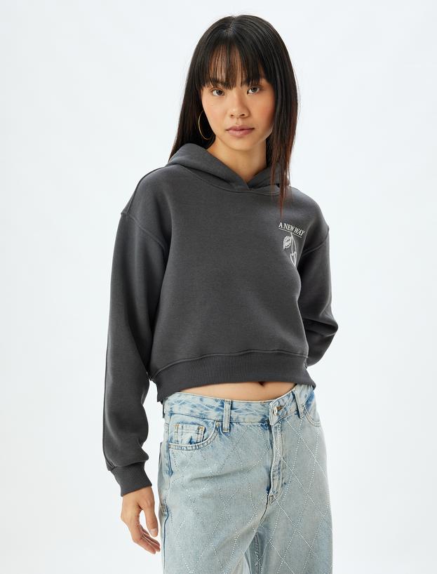 Crop Oversize Sweatshirt Kapüşonlu Arkası Baskılı Şardonlu_2