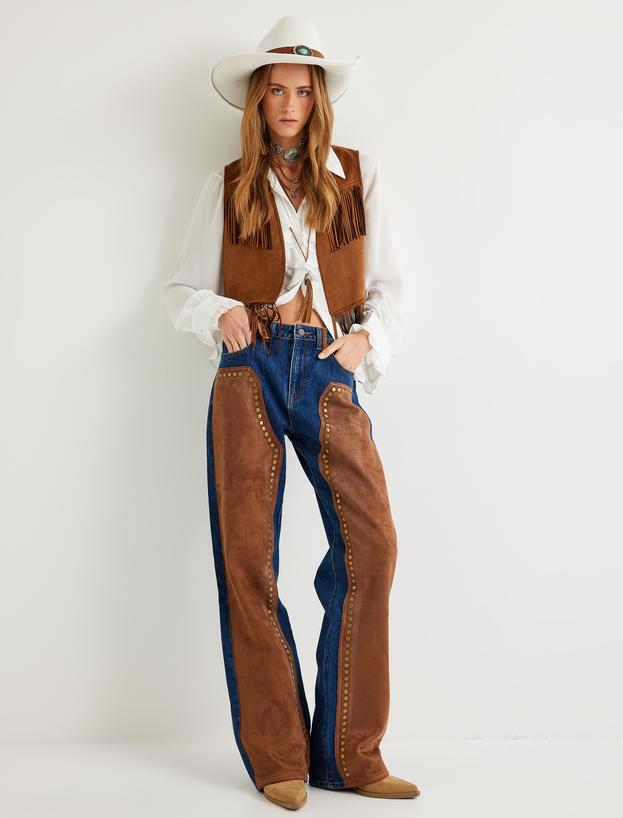 Kot Pantolon Düz Paça Süet Görünümlü Normal Bel Düğmeli - Straight Fit Jeans_0