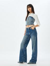 Geniş Paça Kot Pantolon Kuşgözü Detaylı Normal Bel Pamuklu - Wide Leg Jeans