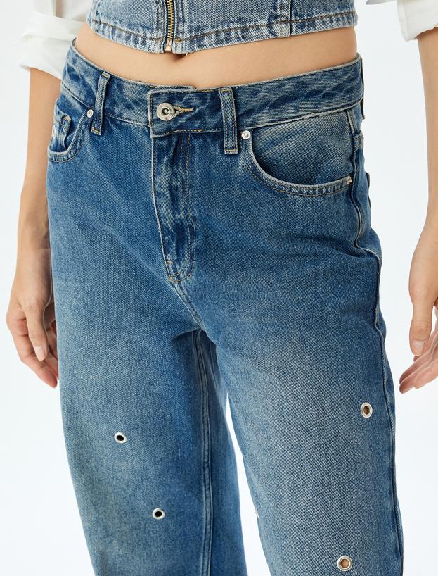 Geniş Paça Kot Pantolon Kuşgözü Detaylı Normal Bel Pamuklu - Wide Leg Jeans_4