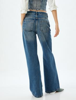 Geniş Paça Kot Pantolon Kuşgözü Detaylı Normal Bel Pamuklu - Wide Leg Jeans_3