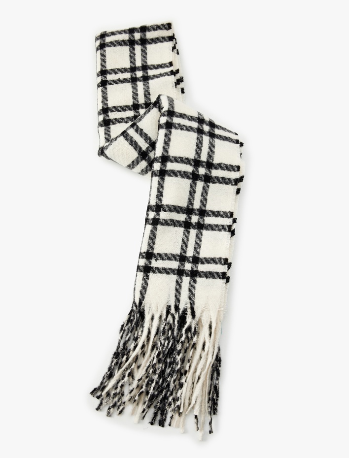 Kadın Uzun Atkı Ekoseli Çok Renkli Püsküllü