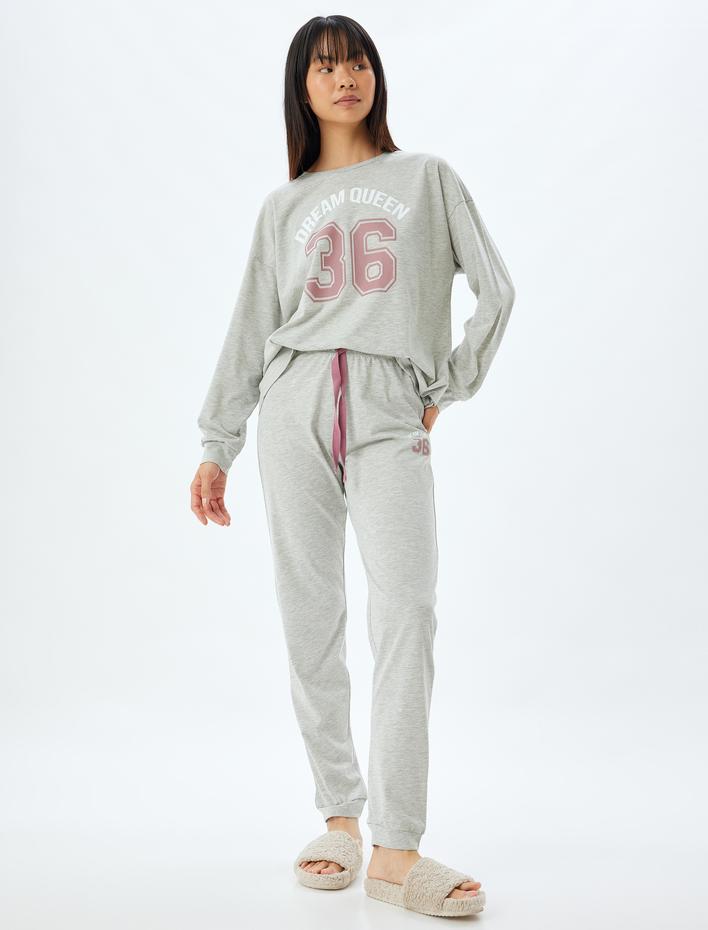  Örgü Pijama Takımı Uzun Kollu Tişört ve Baskılı Alt Pamuk Karışımlı