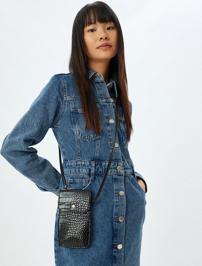 Kadın Telefon Çantası Suni Deri Kroko Görünümlü Askılı