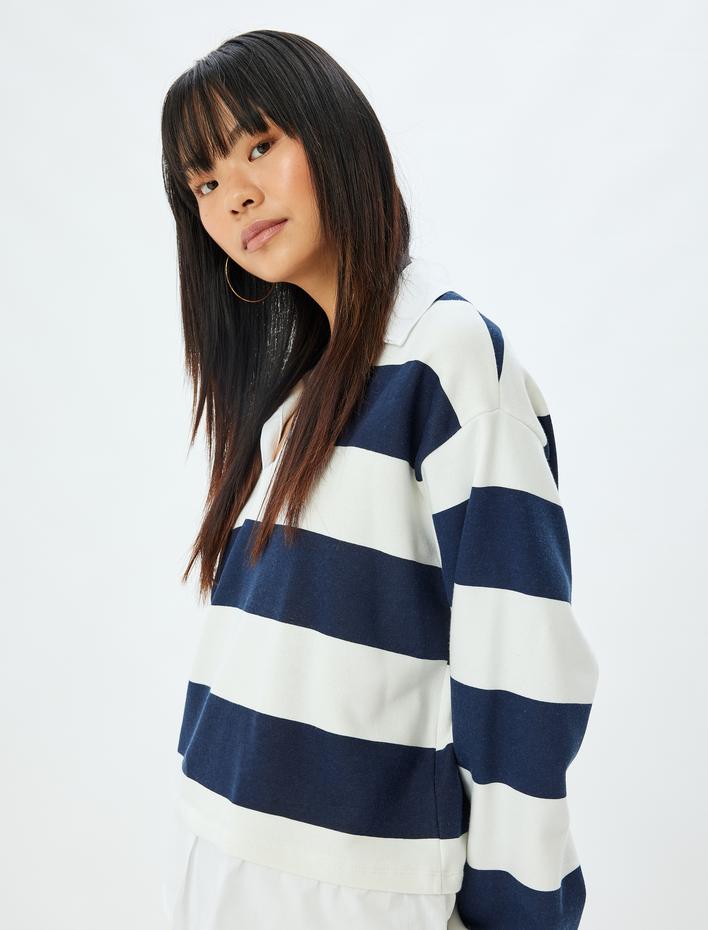  Gömlek Yaka Sweatshirt Oversize Renk Bloklu Şardonlu