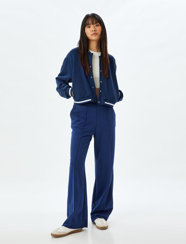  Bomber Yaka Sweatshirt Çıtçıt Düğmeli Biyeli Şardonlu