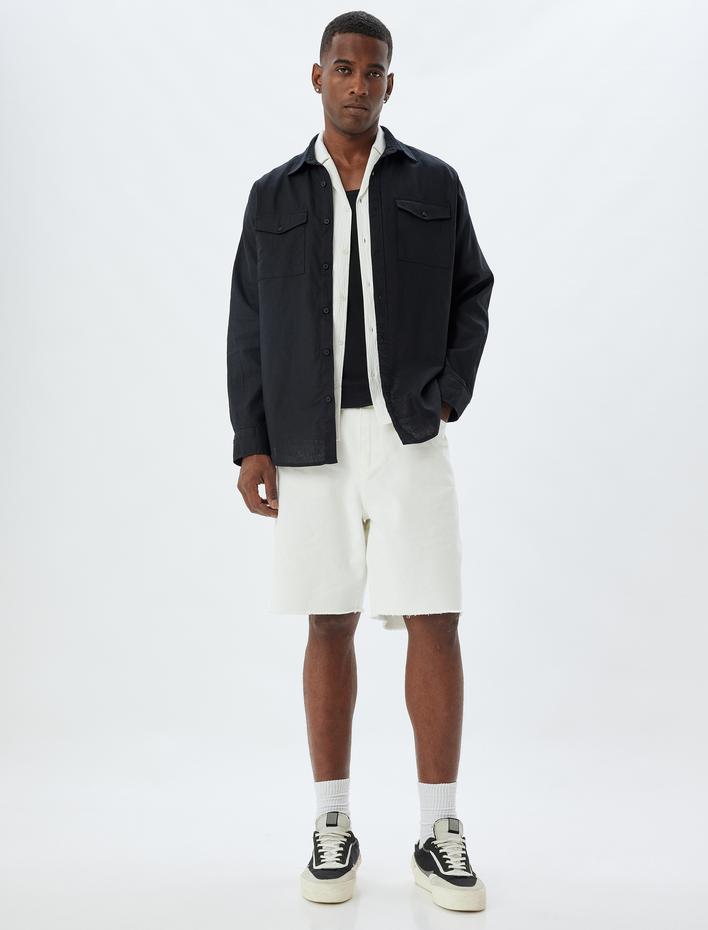  Keten Karışımlı Gömlek Uzun Kollu Kapaklı Cep Detaylı Regular Fit