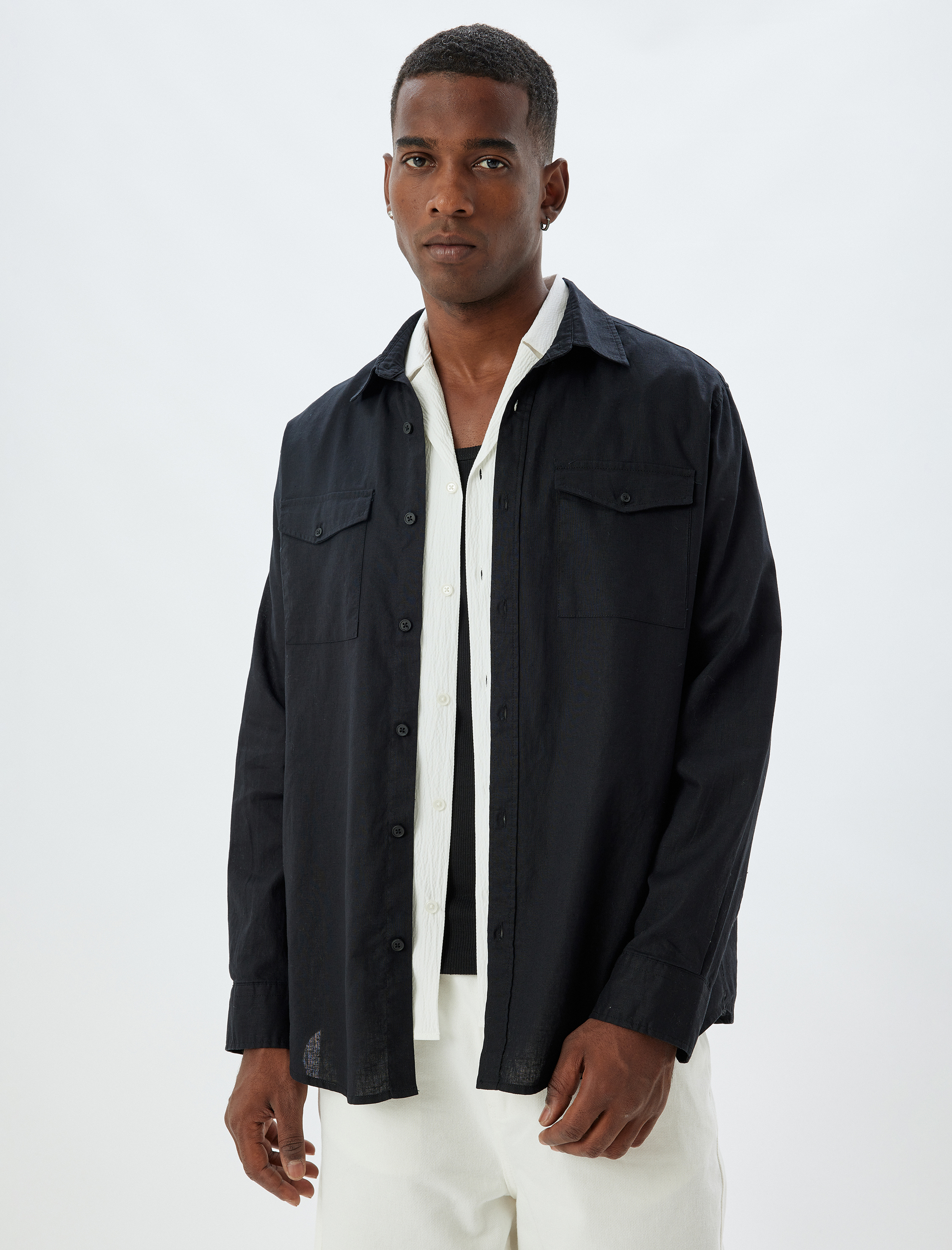   Keten Karışımlı Gömlek Uzun Kollu Kapaklı Cep Detaylı Regular Fit