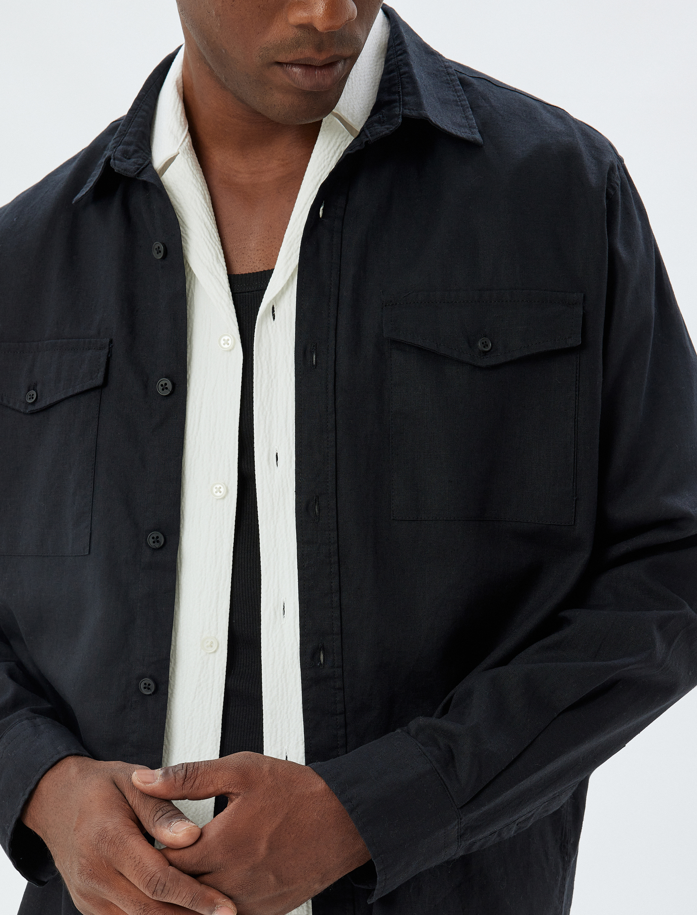   Keten Karışımlı Gömlek Uzun Kollu Kapaklı Cep Detaylı Regular Fit