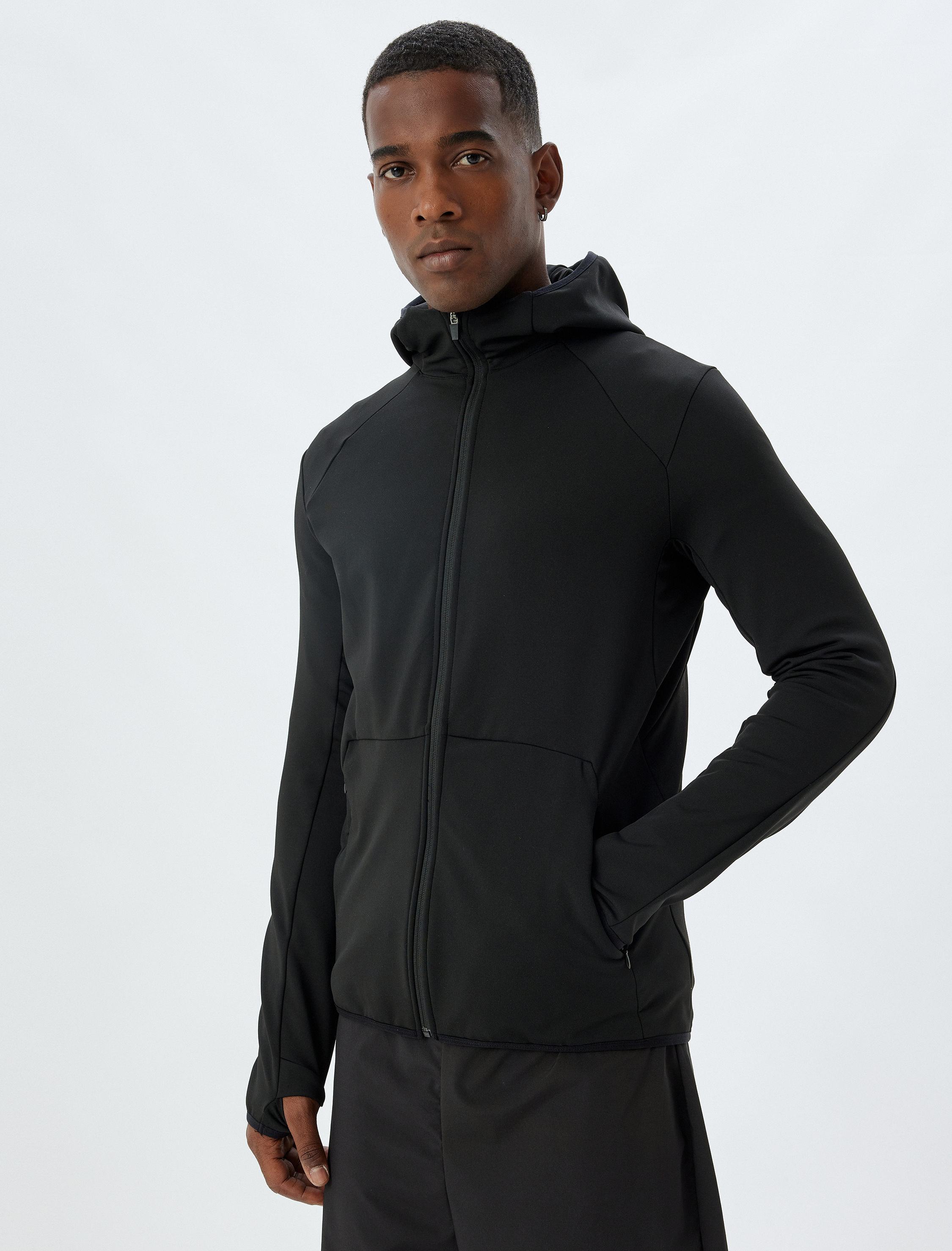 Spor Sweatshirt Kapşonlu Slim Fit İçi Şardonlu Yumuşak Tuşe Fermuarlı Cep Detaylı Uzun Kollu