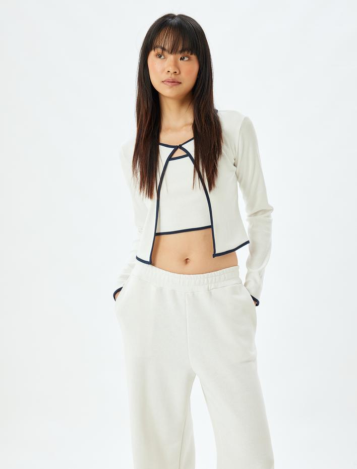  Uzun Kollu Biyeli Bisiklet Yaka Crop Tişört