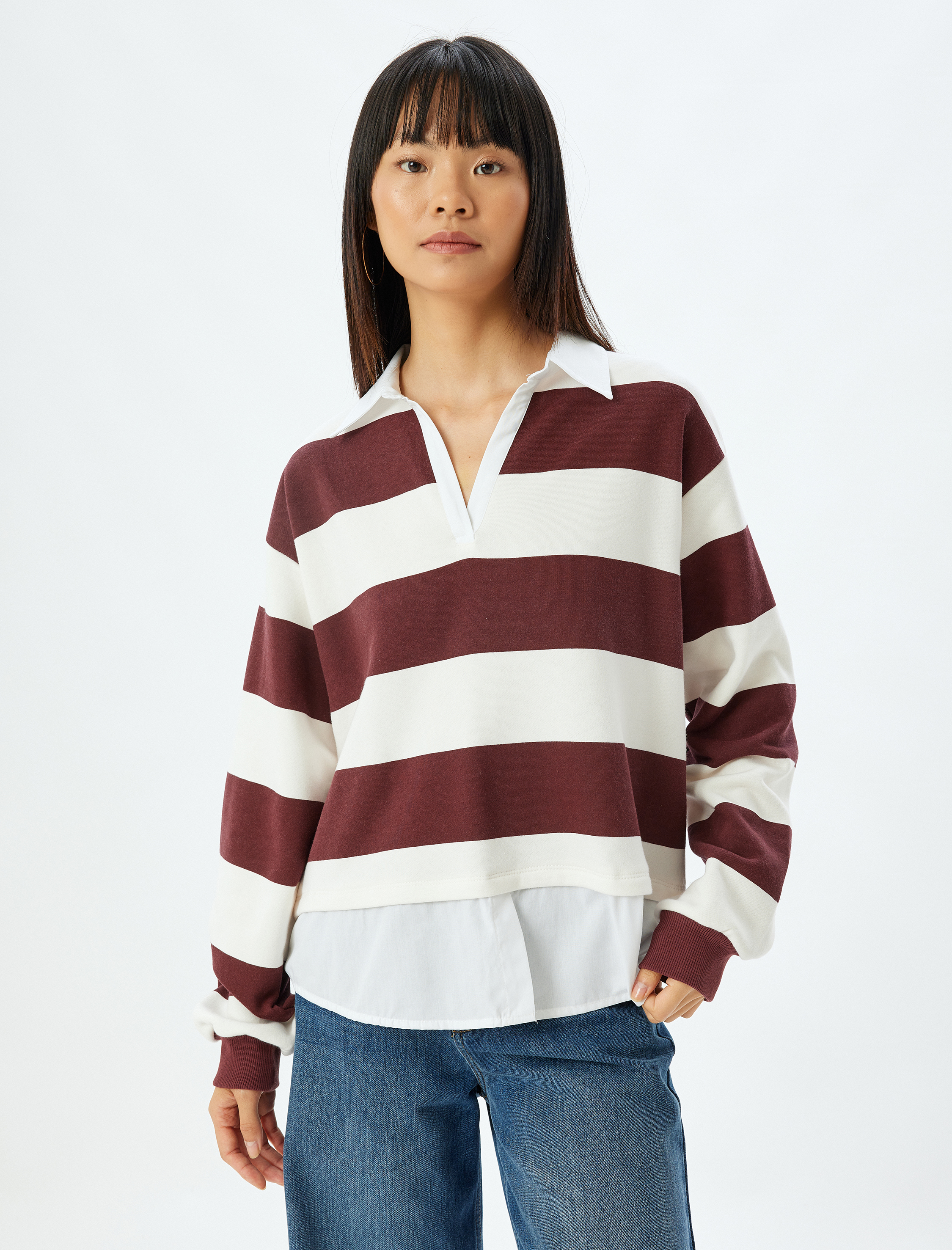   Gömlek Yaka Sweatshirt Oversize Renk Bloklu Şardonlu