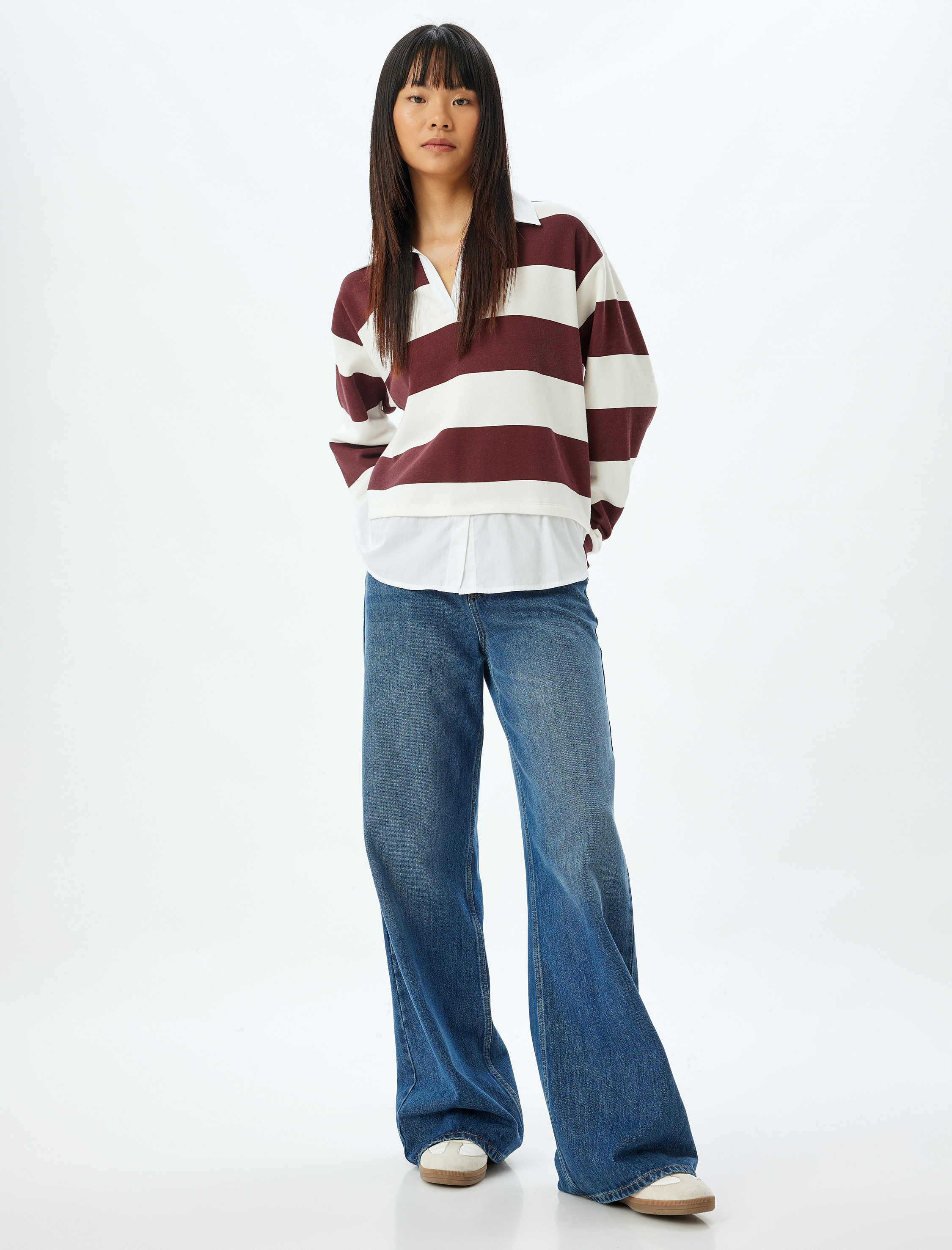   Gömlek Yaka Sweatshirt Oversize Renk Bloklu Şardonlu