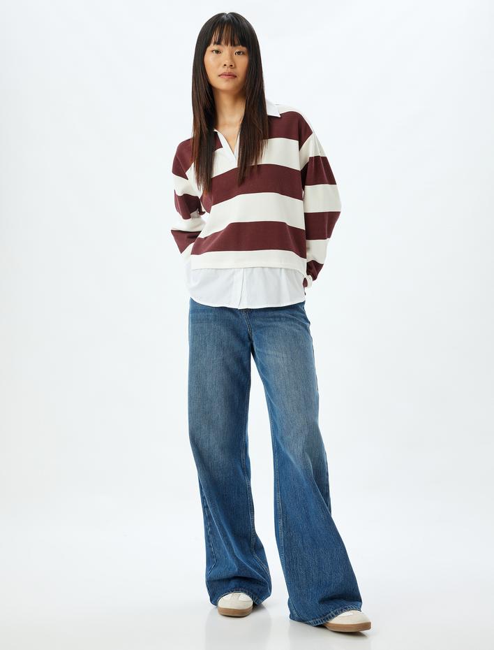  Gömlek Yaka Sweatshirt Oversize Renk Bloklu Şardonlu