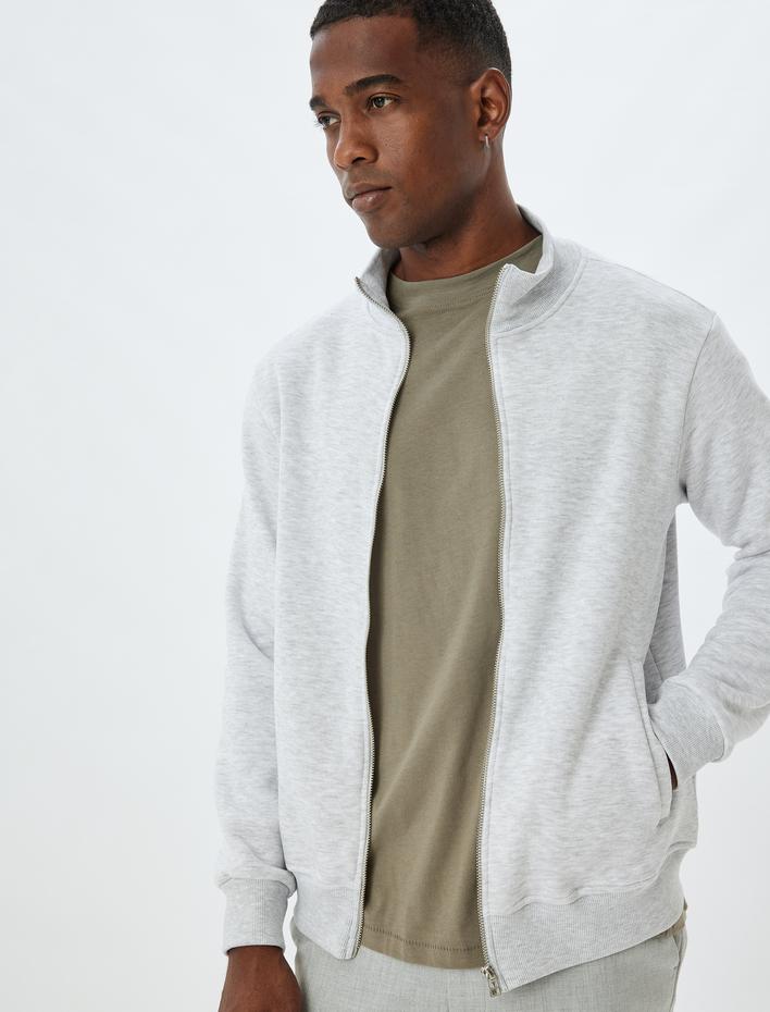  Şardonlu Pamuk Karışımlı Cep Detaylı Fermuarlı Dik Yaka Hırka