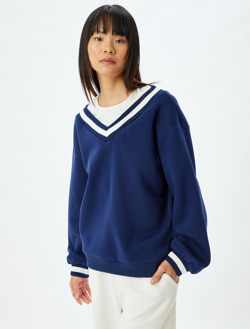   Oversize Sweatshirt V Yaka Biyeli Şardonlu