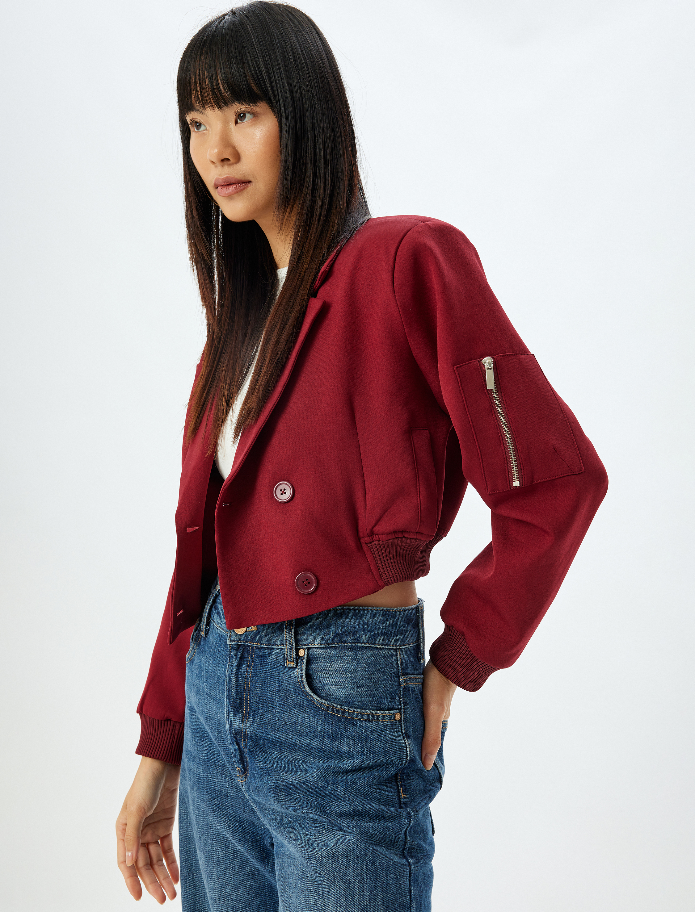 Bordo Oversize Kruvaze Yaka Cepli Ribanalı Ceket 5WAL20134IW Bordo Oversize Kruvaze Yaka Cepli Ribanalı Ceket 5WAL20134IW