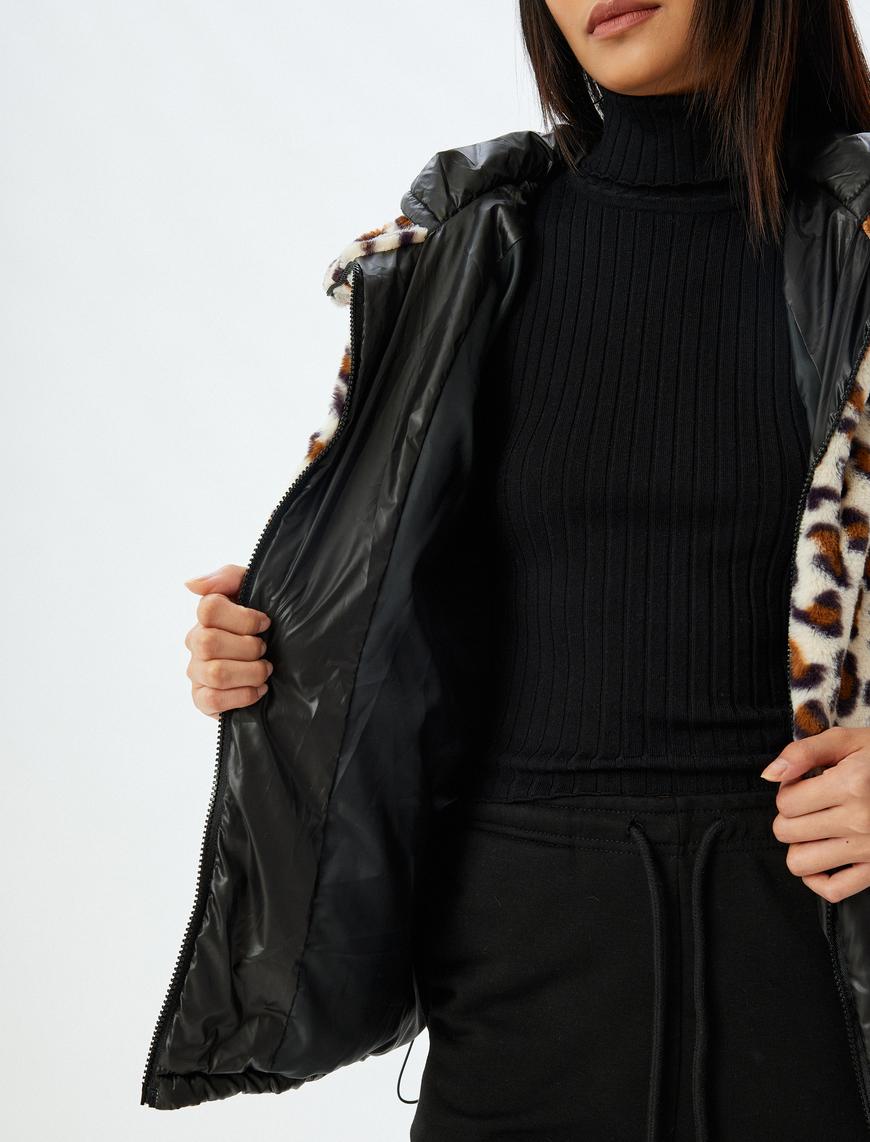   Leopar Ceket Oversize Suni Kürk Detaylı Kapüşonlu Fermuarlı Cepli Astarlı