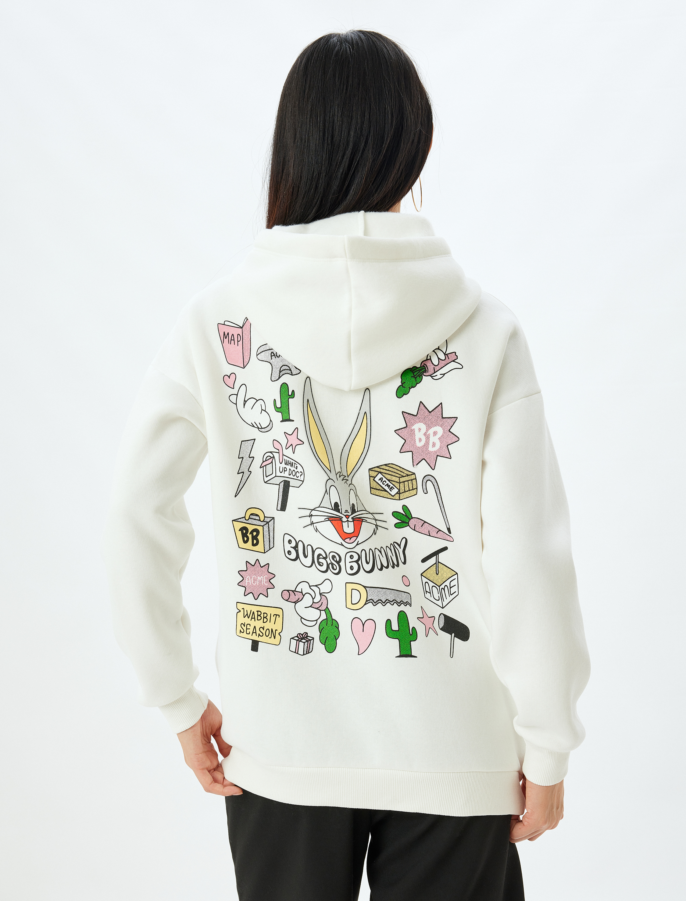   Şardonlu Bugs Bunny Oversize Sweatshirt Arkası Baskılı Kapüşonlu Lisanslı