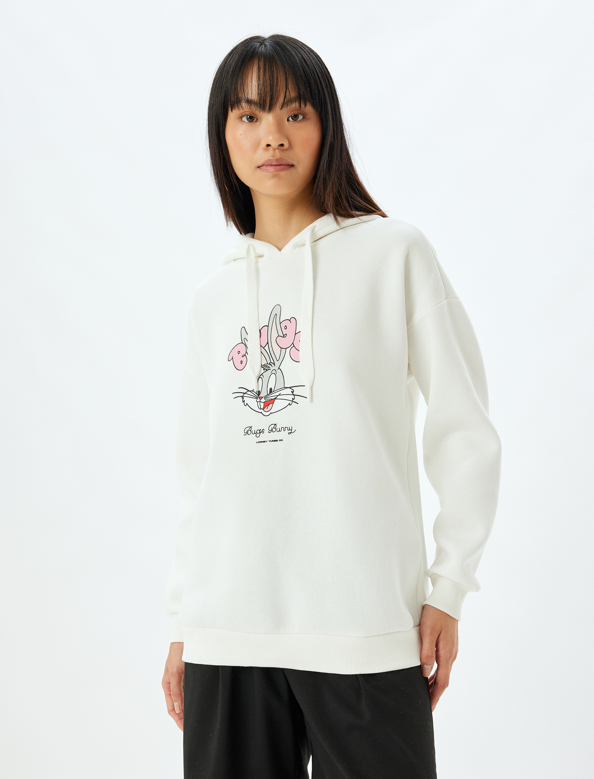   Şardonlu Bugs Bunny Oversize Sweatshirt Arkası Baskılı Kapüşonlu Lisanslı