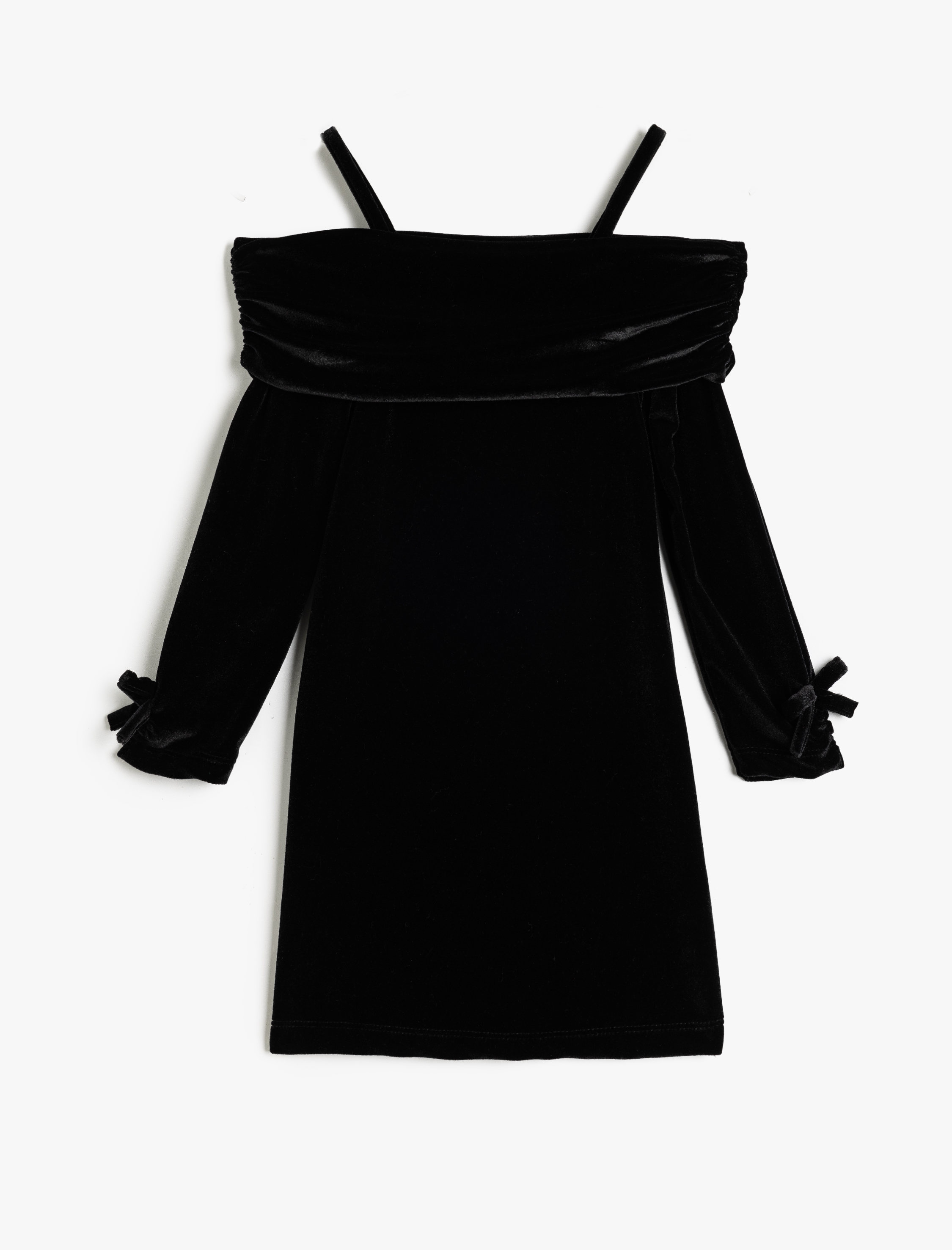  Kız Çocuk Kadife Mini Elbise Askılı Fiyonk Detaylı