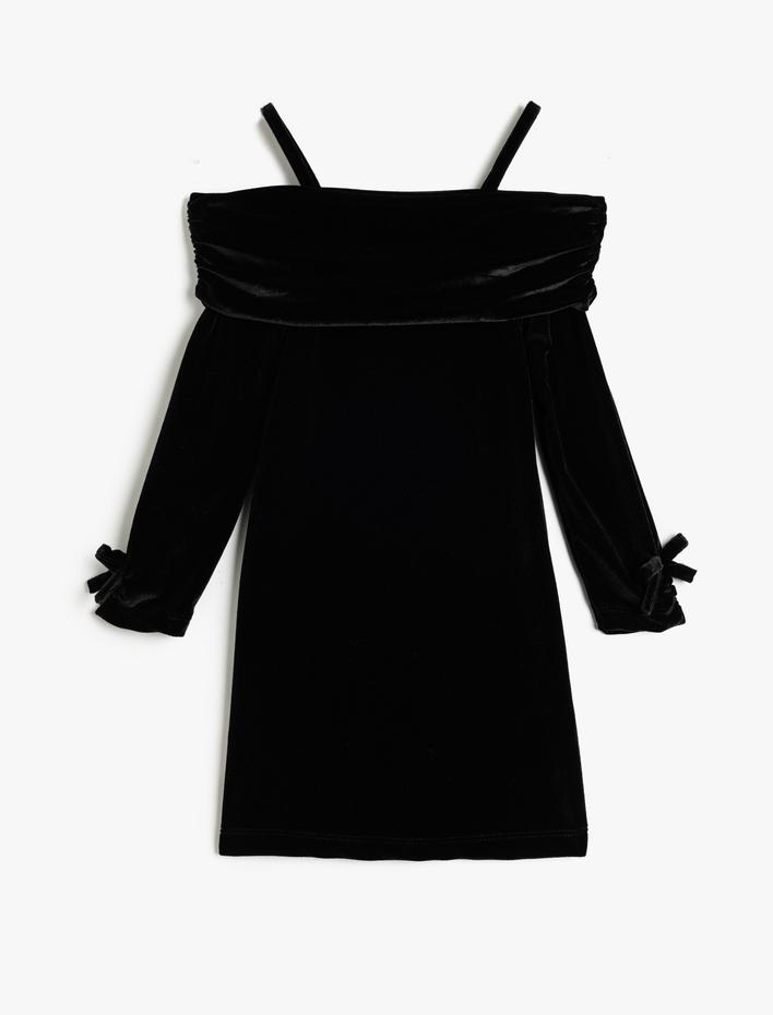 Kız Çocuk Kadife Mini Elbise Askılı Fiyonk Detaylı