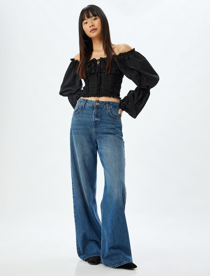  Madonna Yaka Omzu Açık Crop Bluz Balon Kol Gipeli Slim Fit