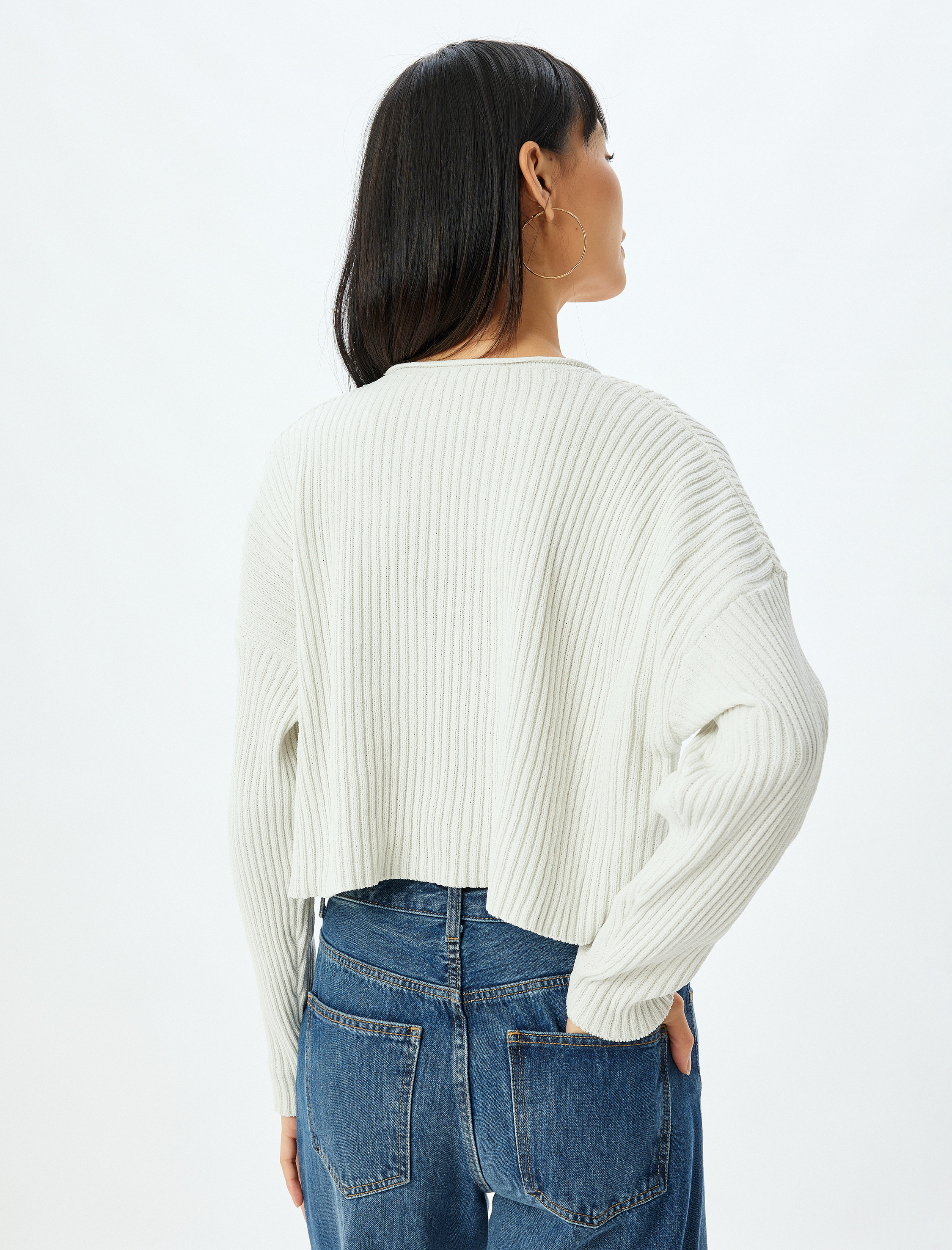   Crop Kazak Triko V Yaka Uzun Kollu