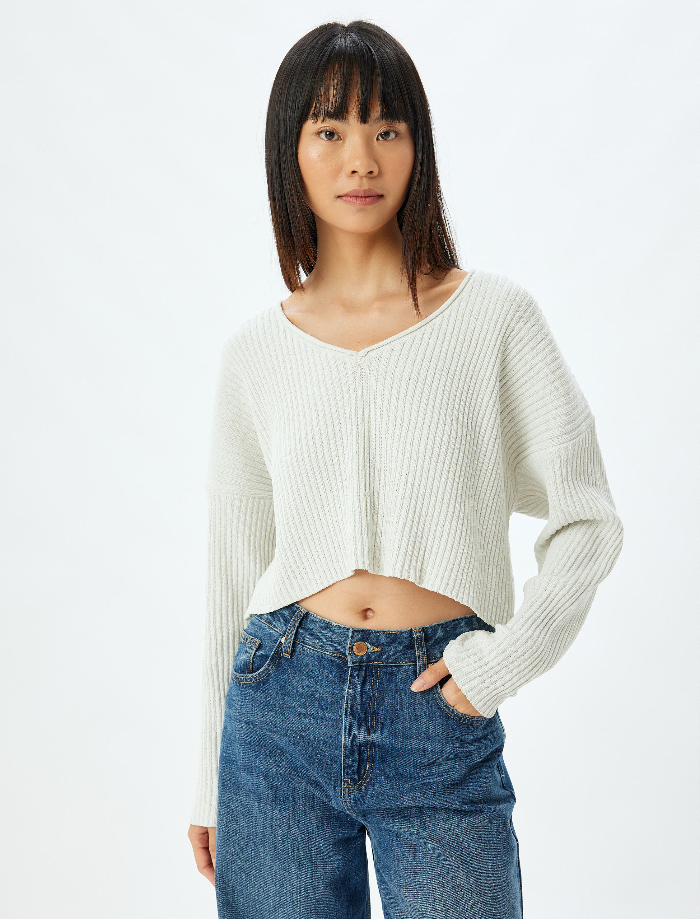   Crop Kazak Triko V Yaka Uzun Kollu