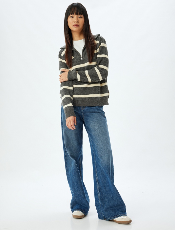  Yarım Fermuarlı Kazak Oversize Dik Yaka Uzun Kollu Renk Bloklu