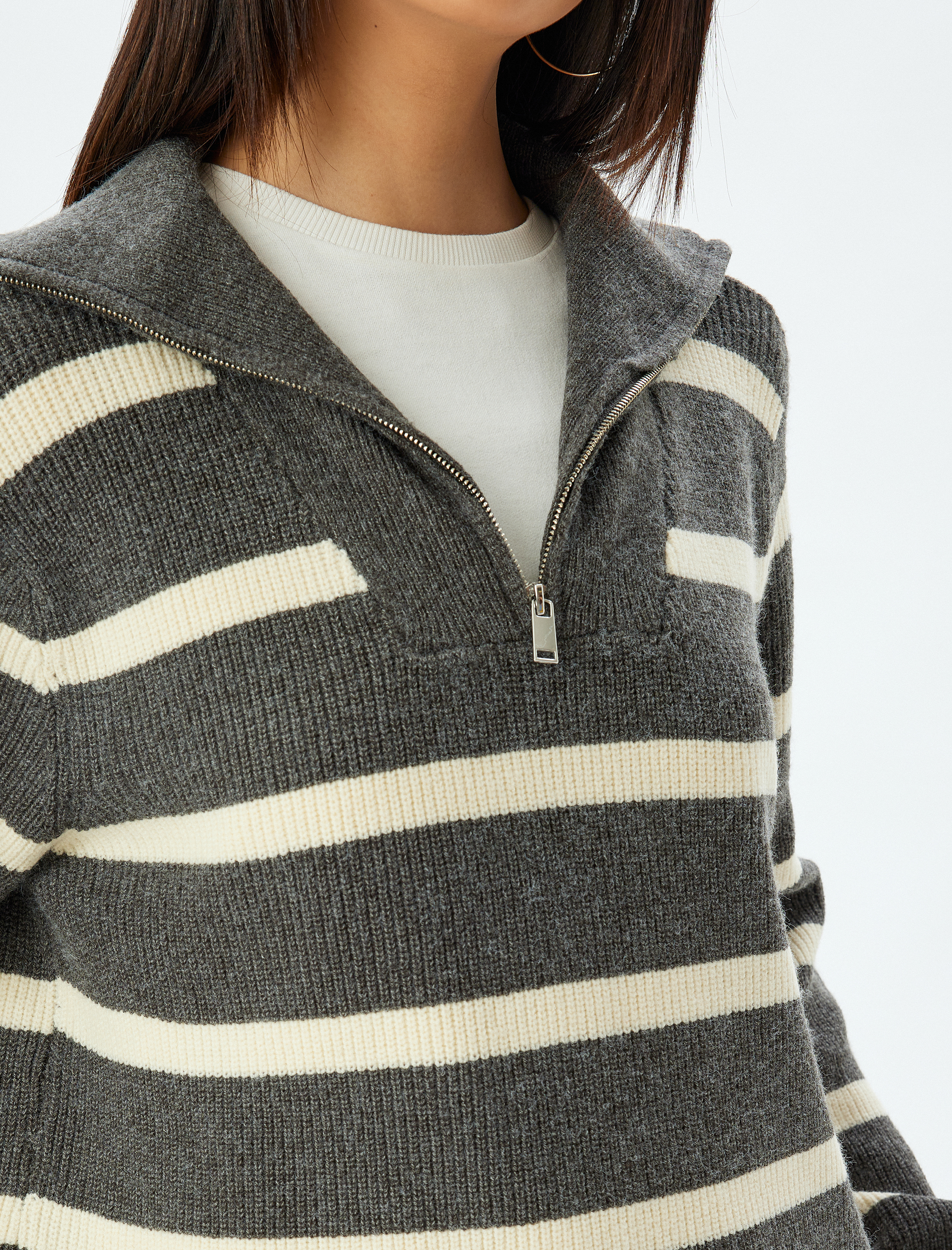   Yarım Fermuarlı Kazak Oversize Dik Yaka Uzun Kollu Renk Bloklu