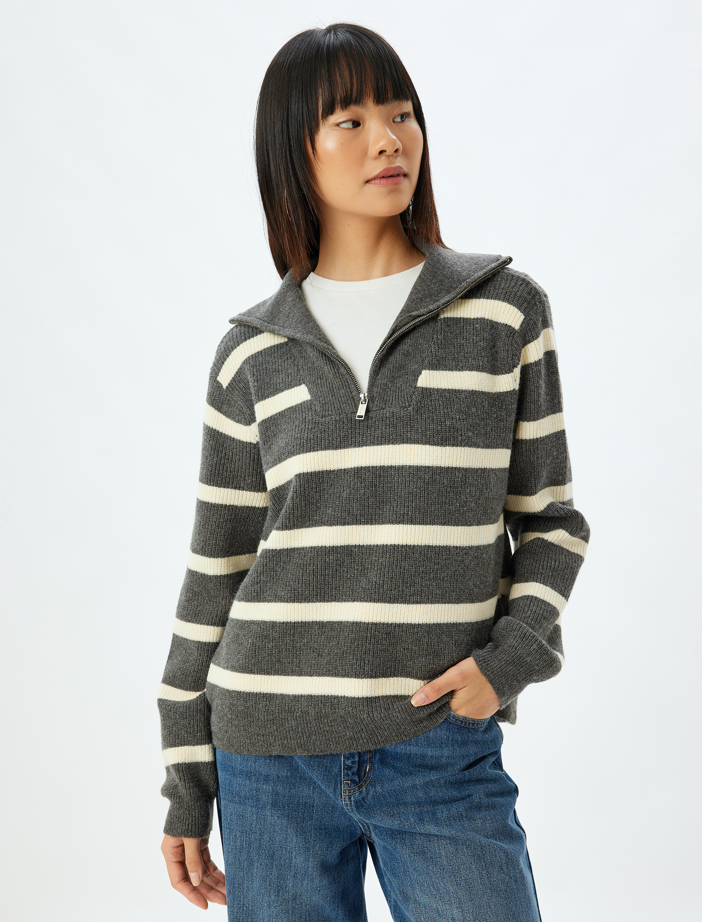   Yarım Fermuarlı Kazak Oversize Dik Yaka Uzun Kollu Renk Bloklu