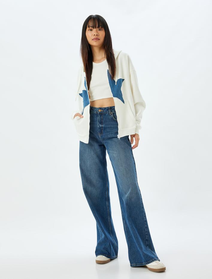  Şardonlu Oversize Kapşonlu Fermuarlı Yıldız İşlemeli Sweatshirt