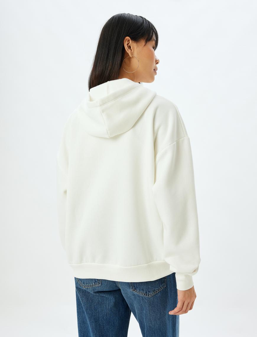   Oversize Fermuarlı Sweatshirt Kapüşonlu Yıldız İşlemeli Cep Detaylı