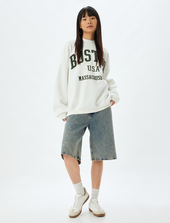  Şardonlu Oversize Sweatshirt Bisiklet Yaka Kolej Baskılı Uzun Kollu