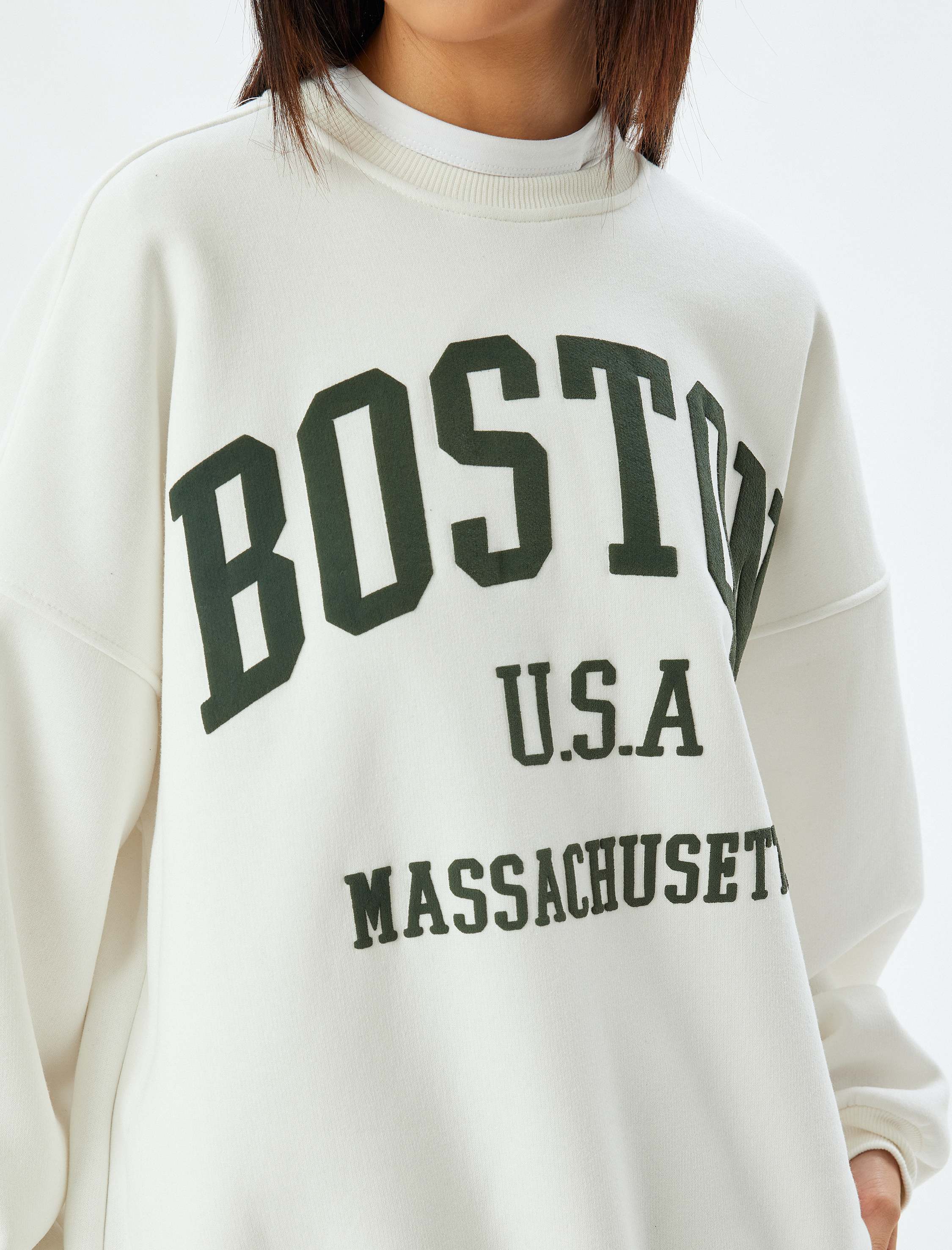   Şardonlu Oversize Sweatshirt Bisiklet Yaka Kolej Baskılı Uzun Kollu