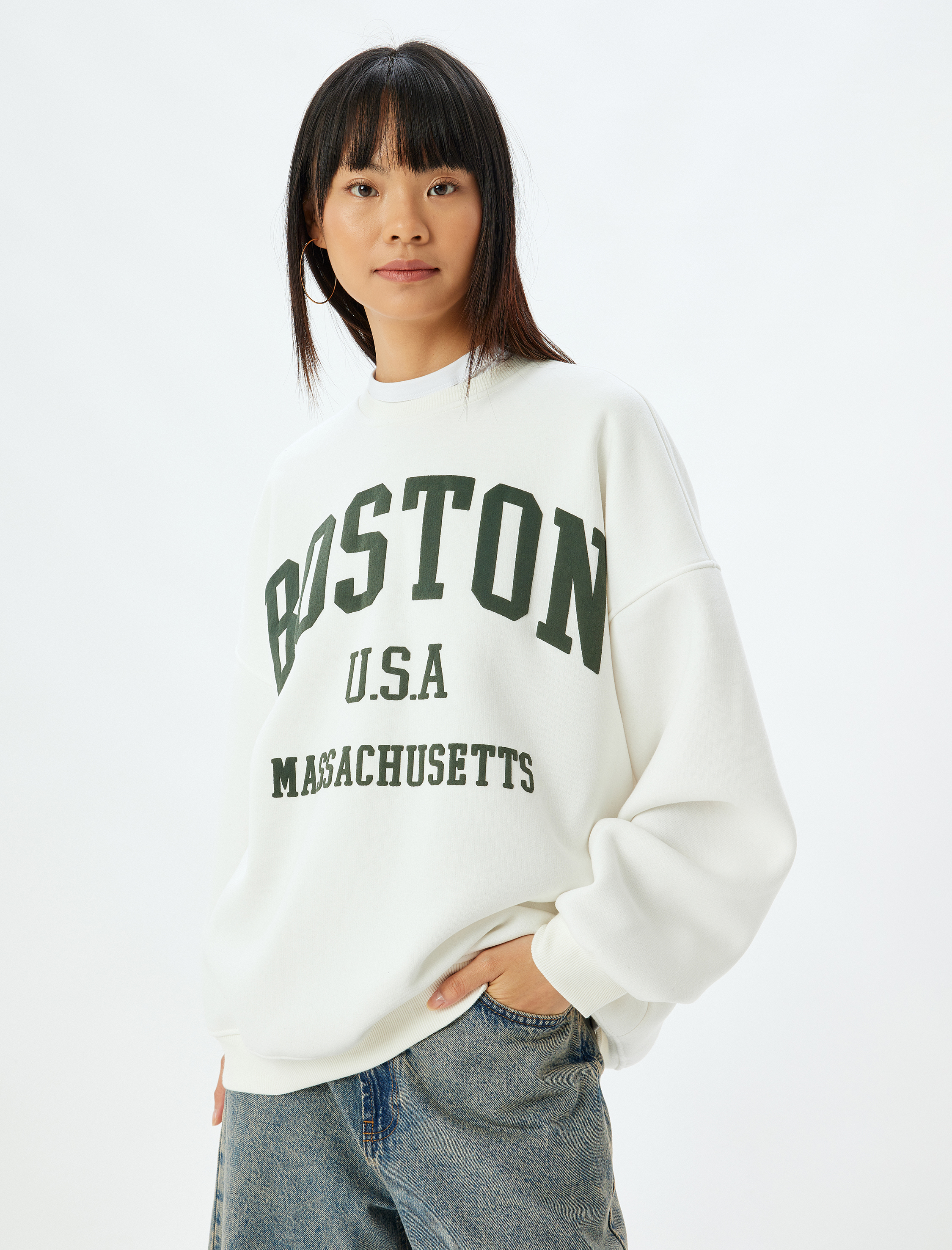   Şardonlu Oversize Sweatshirt Bisiklet Yaka Kolej Baskılı Uzun Kollu