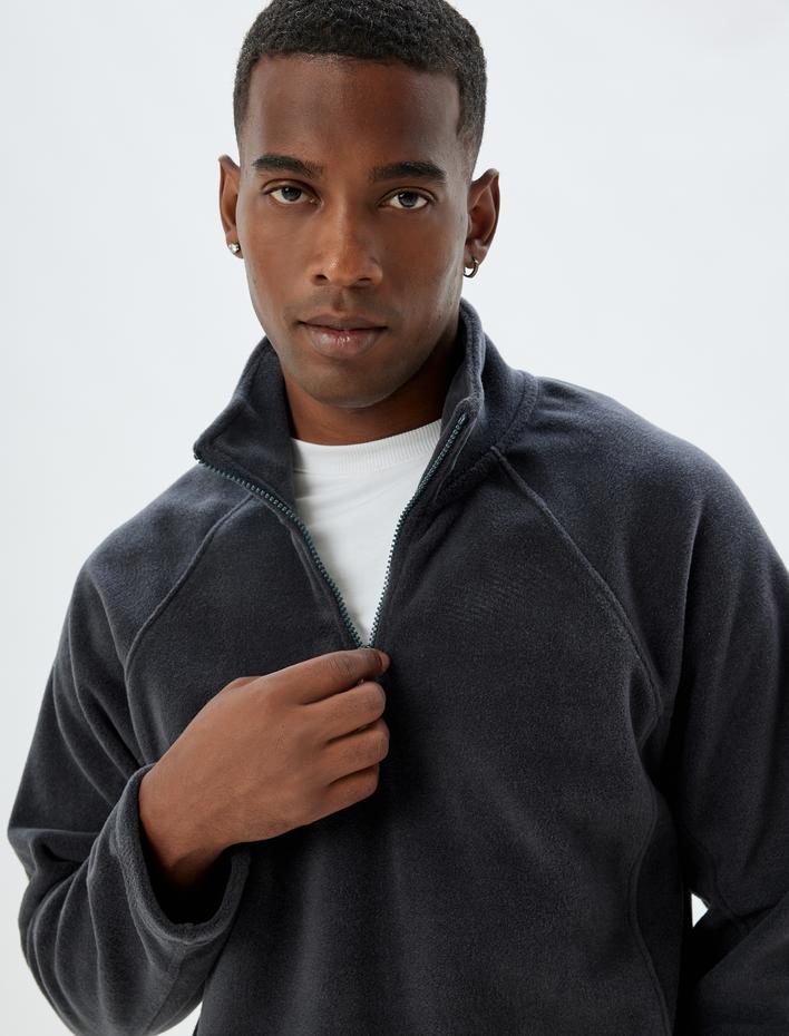  Yarım Fermuarlı Polar Sweatshirt Basic Uzun Kollu