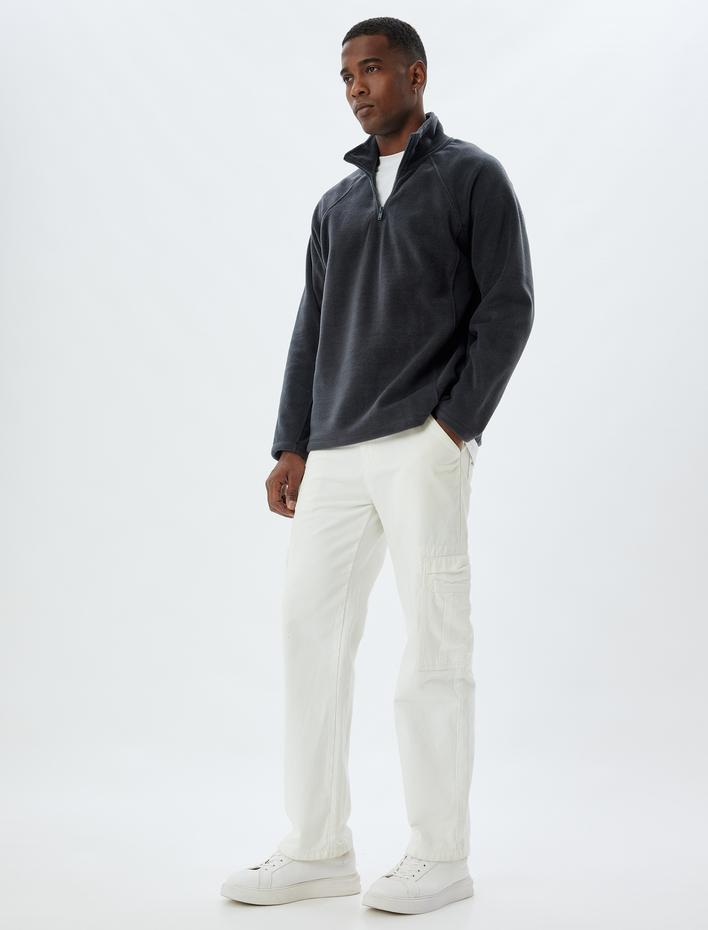  Yarım Fermuarlı Polar Sweatshirt Basic Uzun Kollu