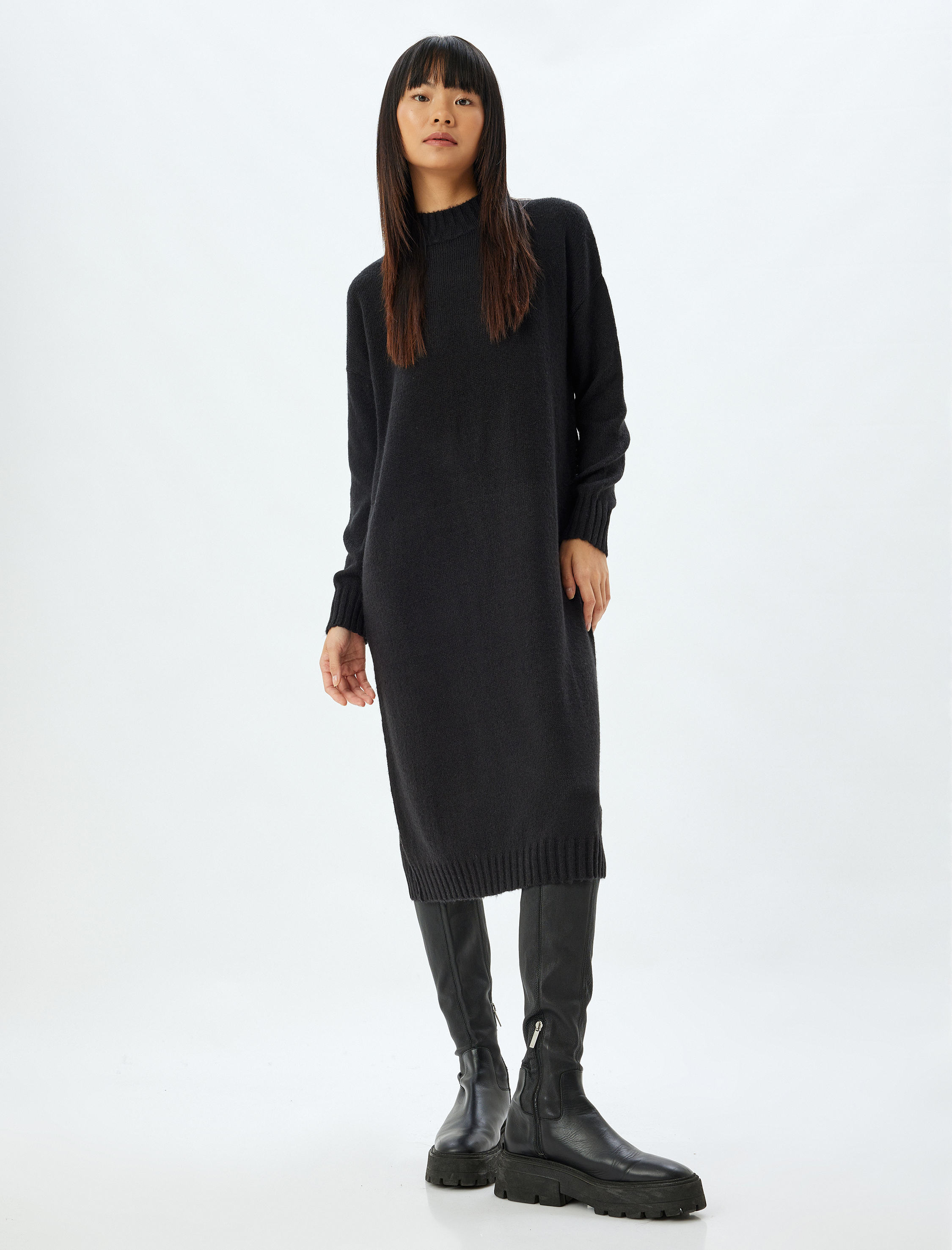   Triko Elbise Midi Boy Dik Yaka Uzun Kollu Düşük Omuzlu Bol Kalıp