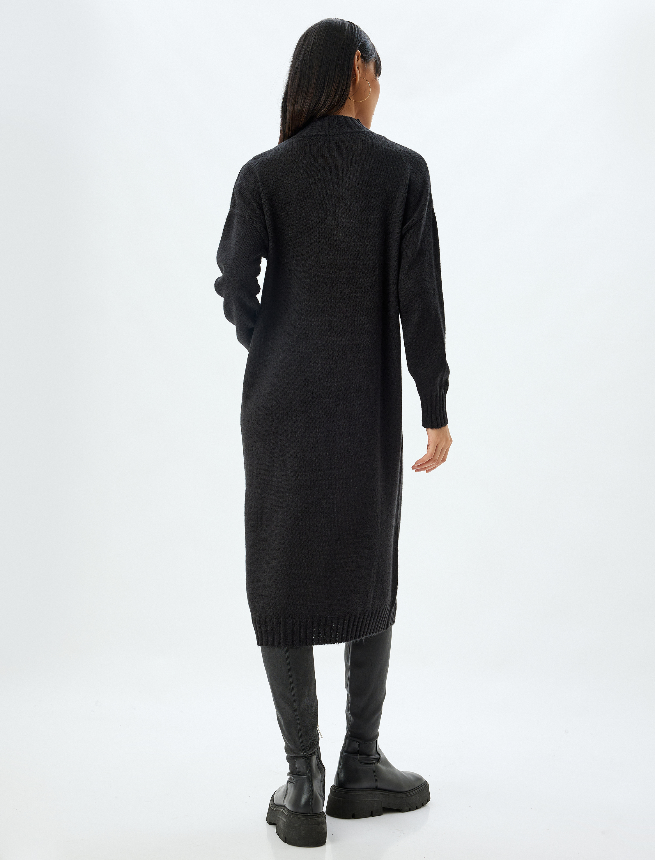   Triko Elbise Midi Boy Dik Yaka Uzun Kollu Düşük Omuzlu Bol Kalıp