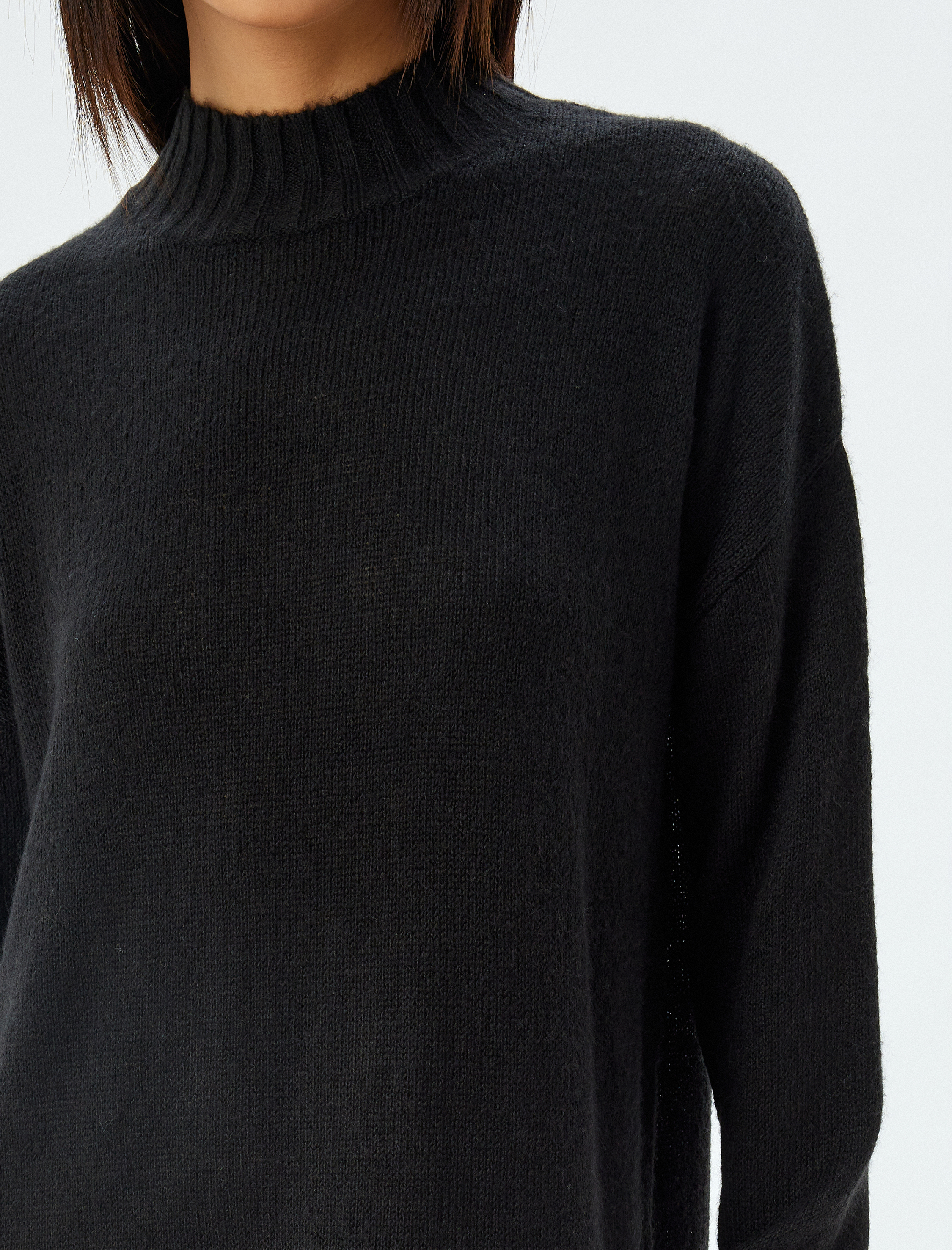   Triko Elbise Midi Boy Dik Yaka Uzun Kollu Düşük Omuzlu Bol Kalıp