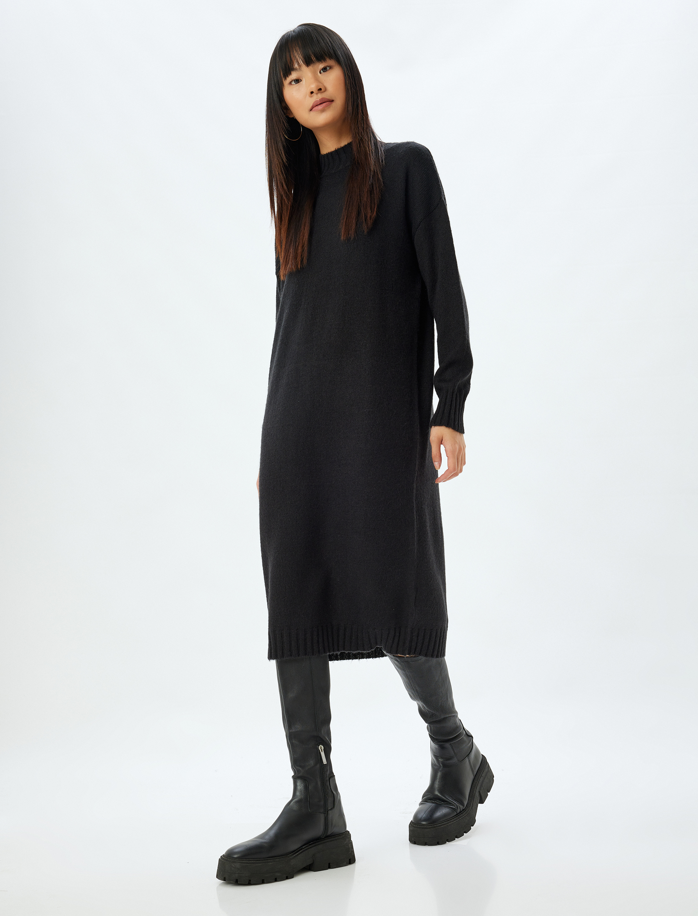   Triko Elbise Midi Boy Dik Yaka Uzun Kollu Düşük Omuzlu Bol Kalıp